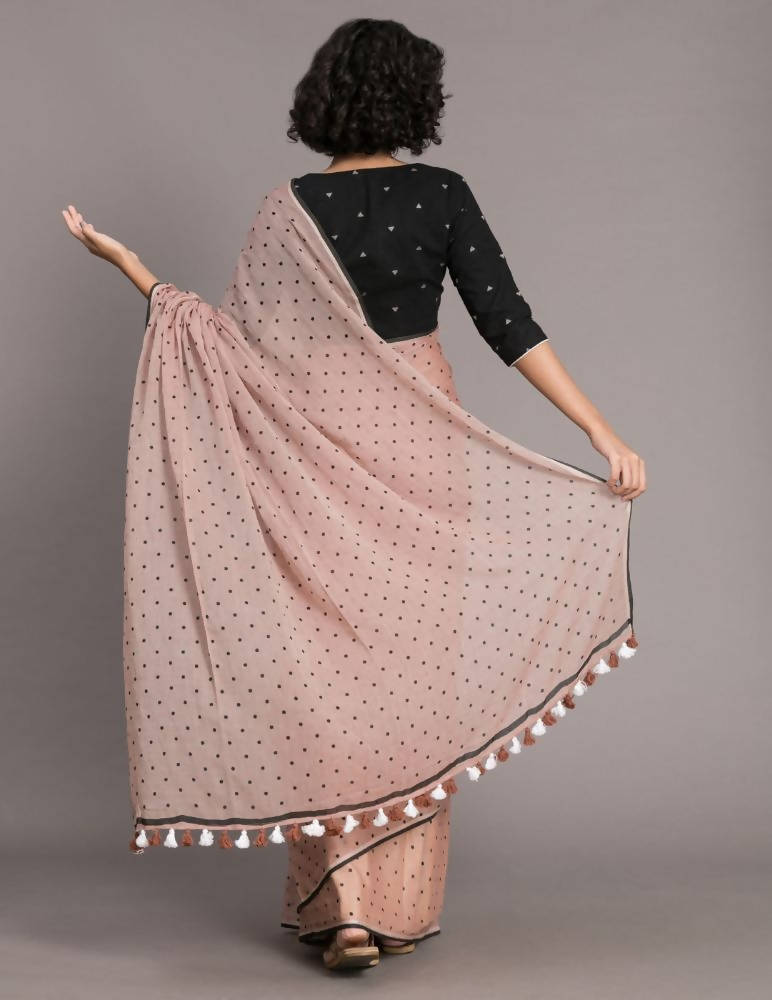 Suta Brown Black Polka Dots Printed Pure Cotton Saree