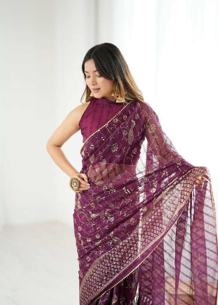 PR Fashion Wine Georgette Patta Plain With Foil Work And Small Lace And Zalar Lace Saree
