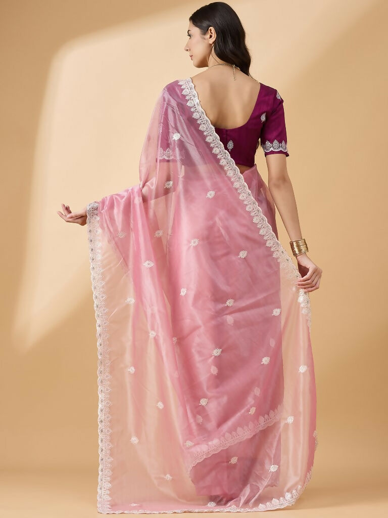 Pink Organza Sequence Embroidered Saree with Unstitched Blouse - Satya