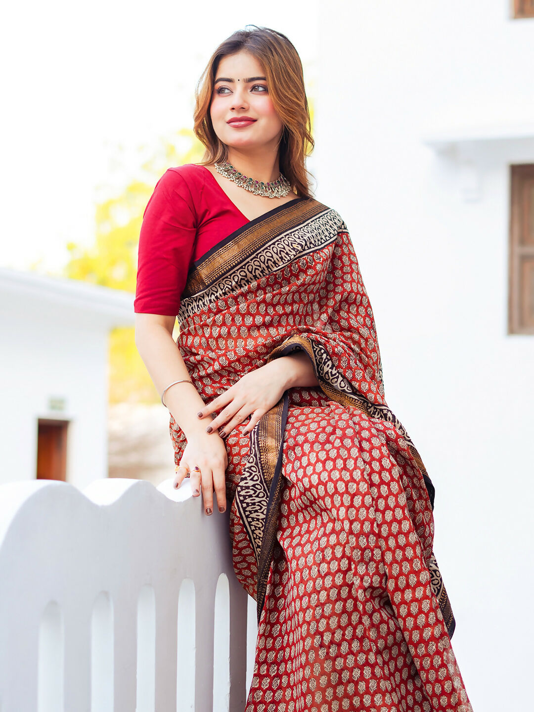 Zibaa Hand-Blocked Pure Maheshwari Silk Red Saree - Small Motifs
