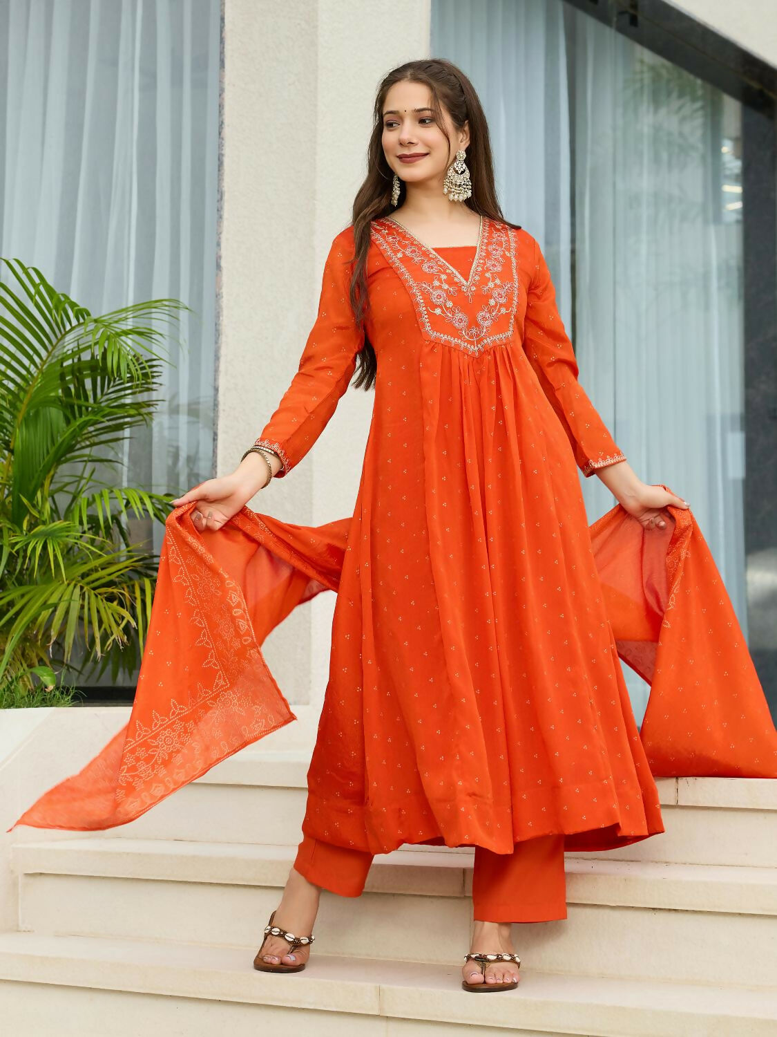The52 Orange Women's Gorgeous Embroidered Chinon Fabric Flared Kurta Pant and Dupatta Set
