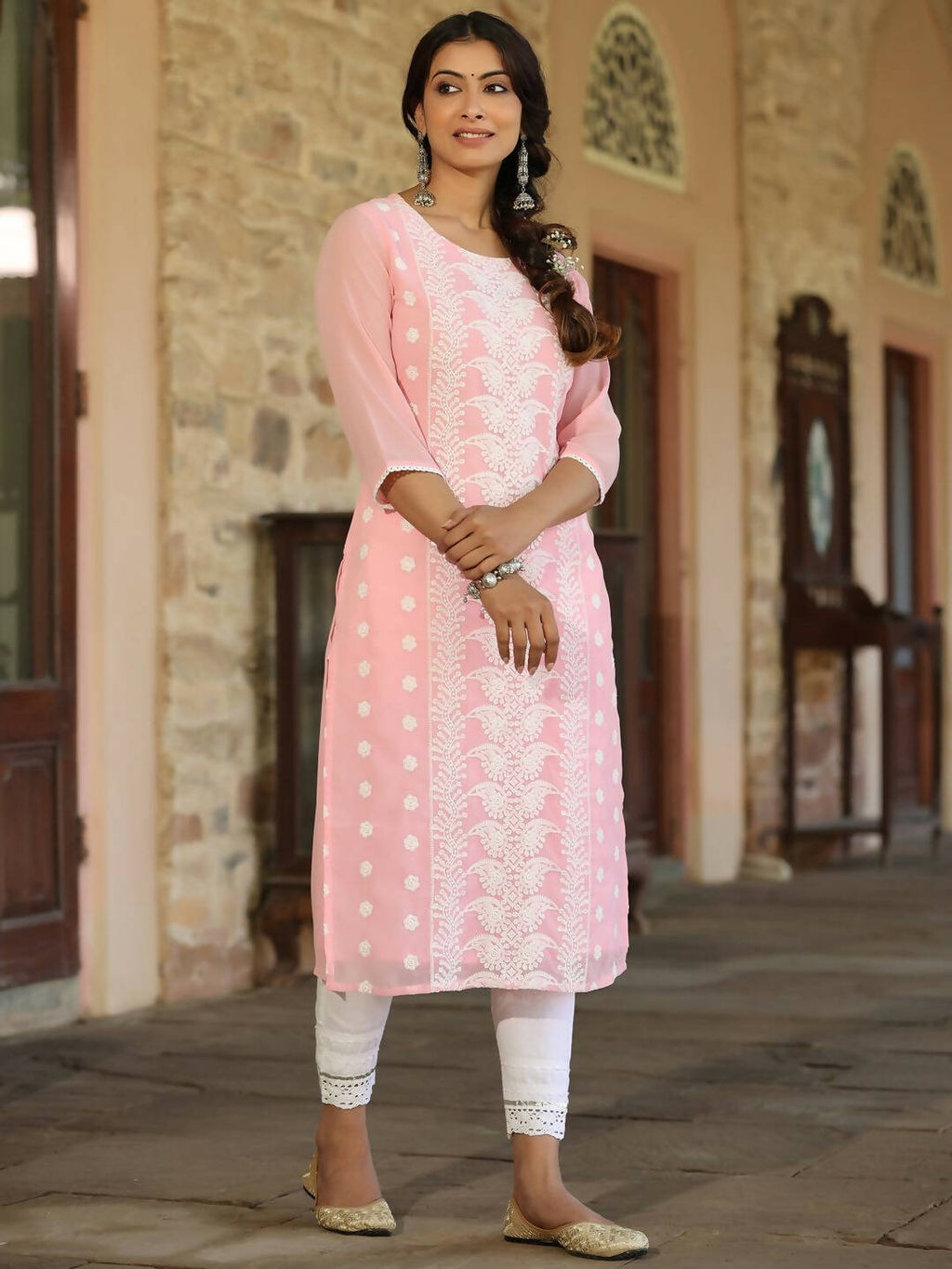 Juniper Women's Pink Georgette Printed Kurta
