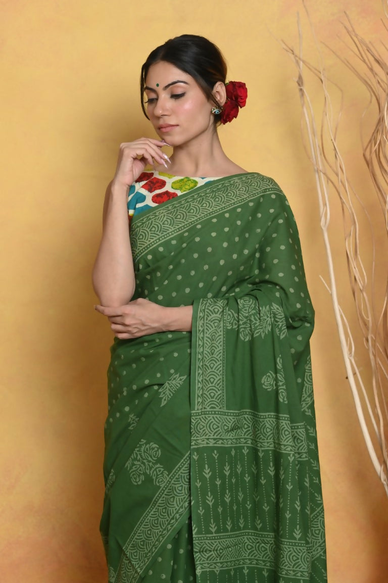 Very Much Indian Handblock Printed Cotton Saree With Natural Dyes - Green