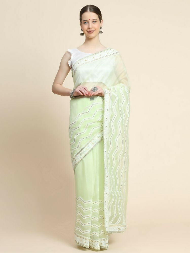 Vamsee Banno Lehriya Pista Green Organza Saree