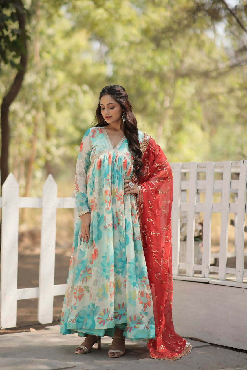 Vastranavya Digital Printed Russian silk & Stitch Canvas Patta Gown with Dupatta - Sky Blue