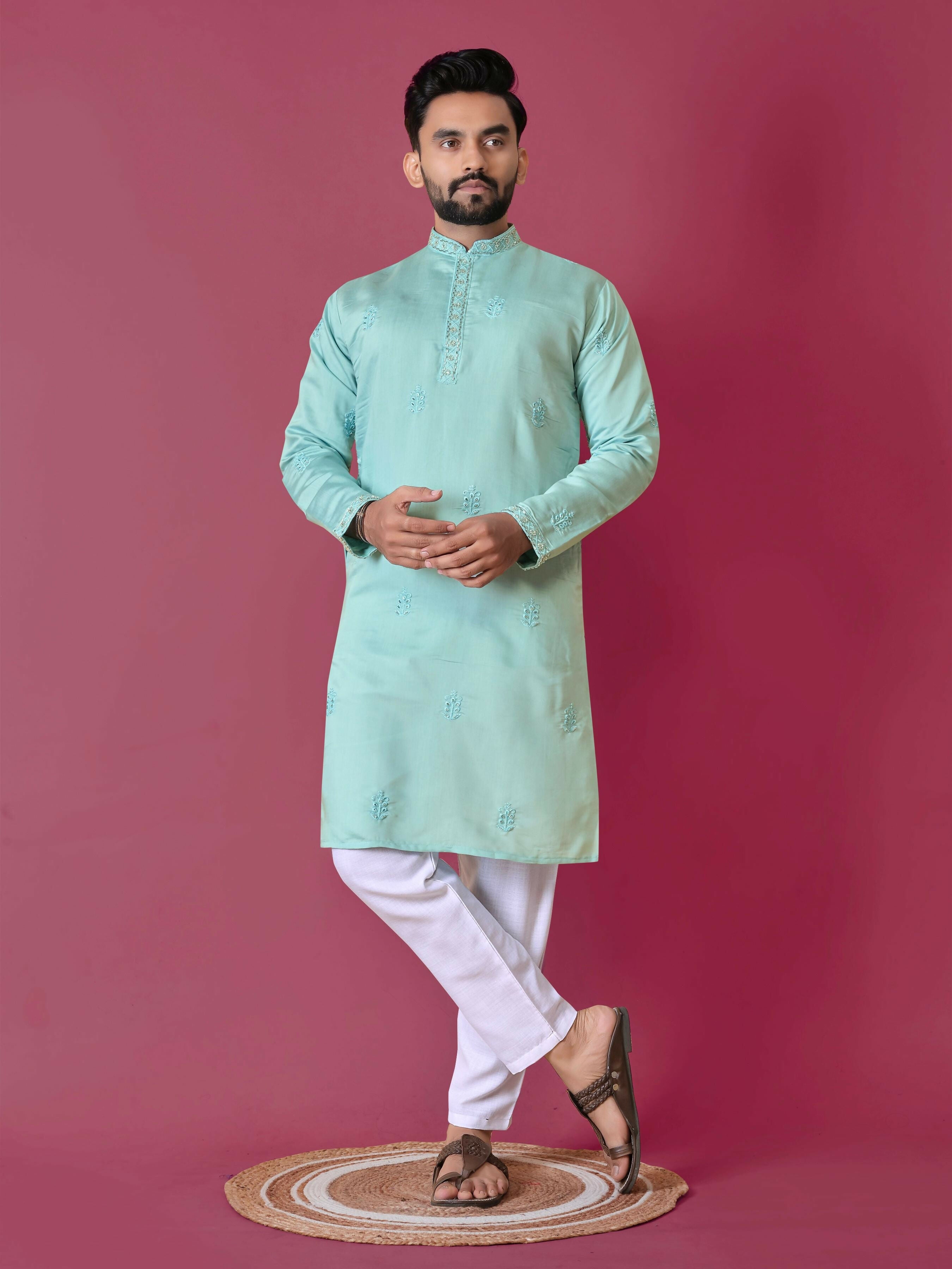 Men's Sky Blue Silk Handwork Men's Kurta Pajama by Infinity Export