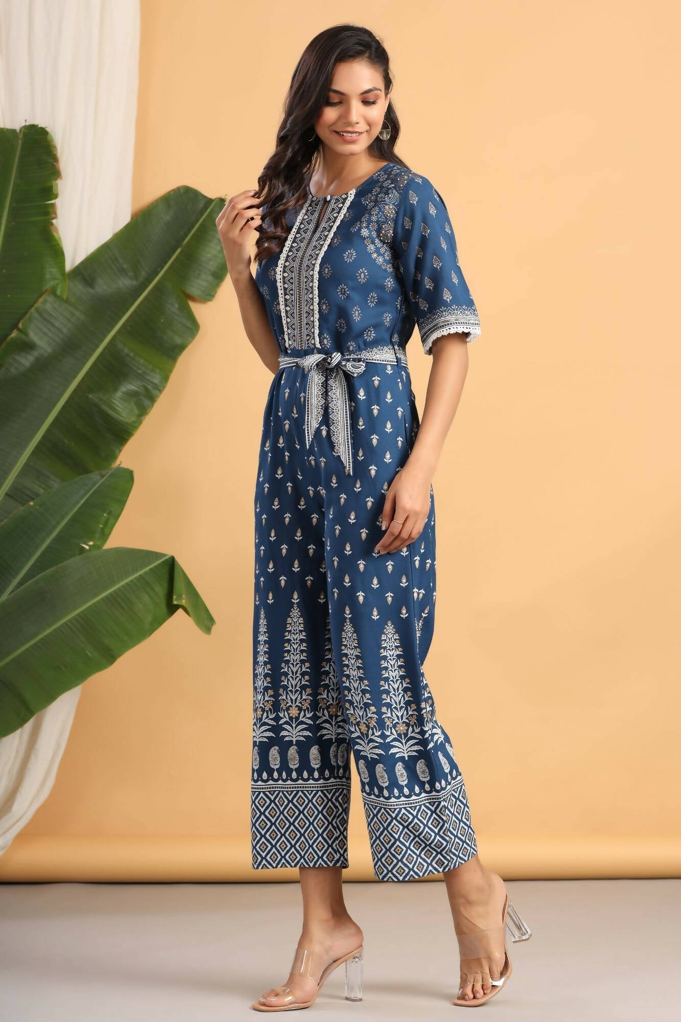 Juniper Women Indigo Rayon Printed Straight Jumpsuit