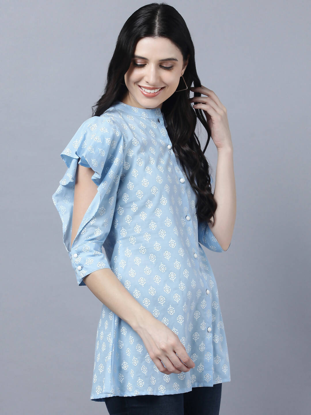 Myshka Stylish Blue Cotton Half Sleeve Women's Top