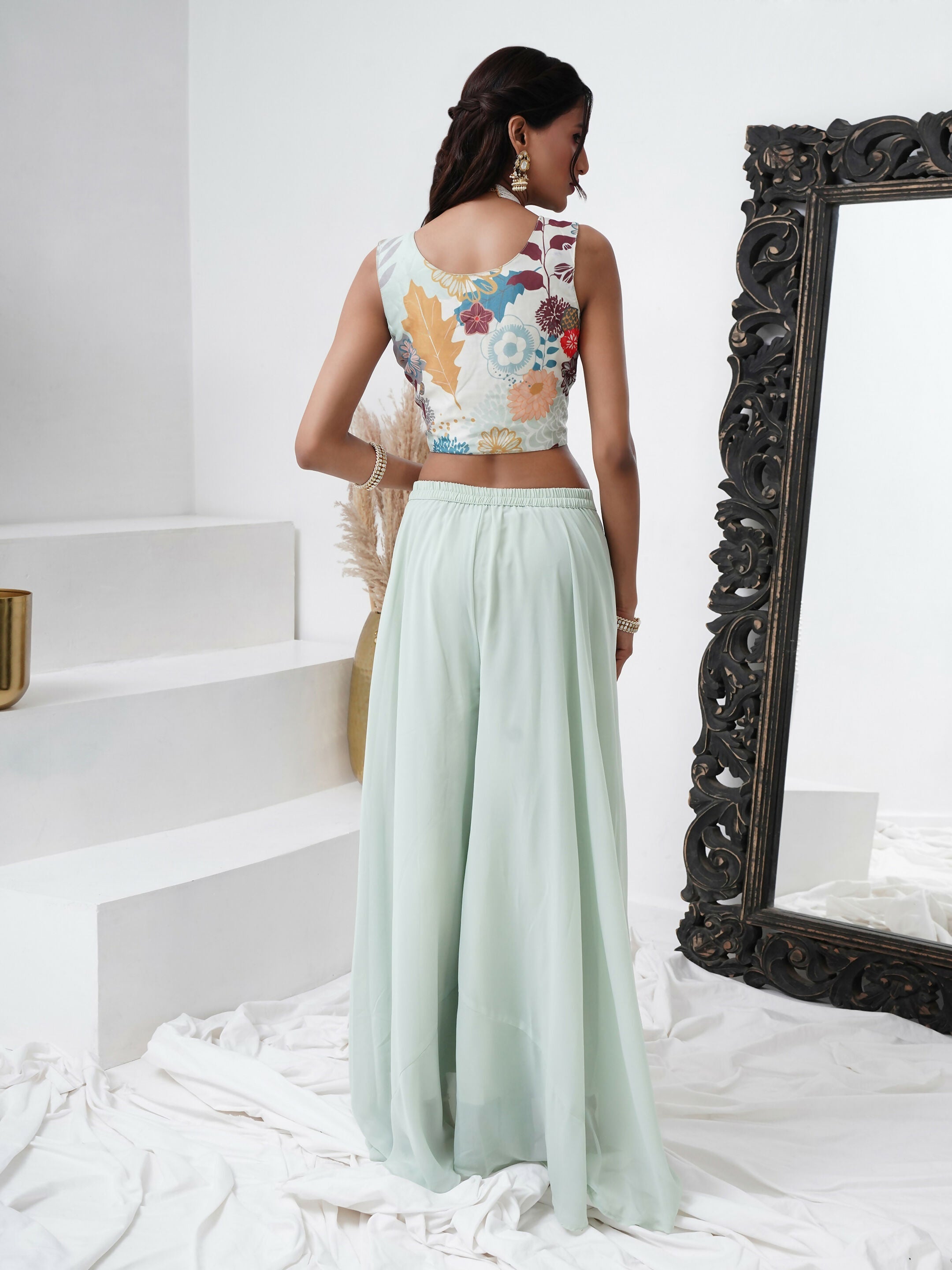 Sea Green Digital Chinon Handwork Top with Palazzo & Shrug - Naomika