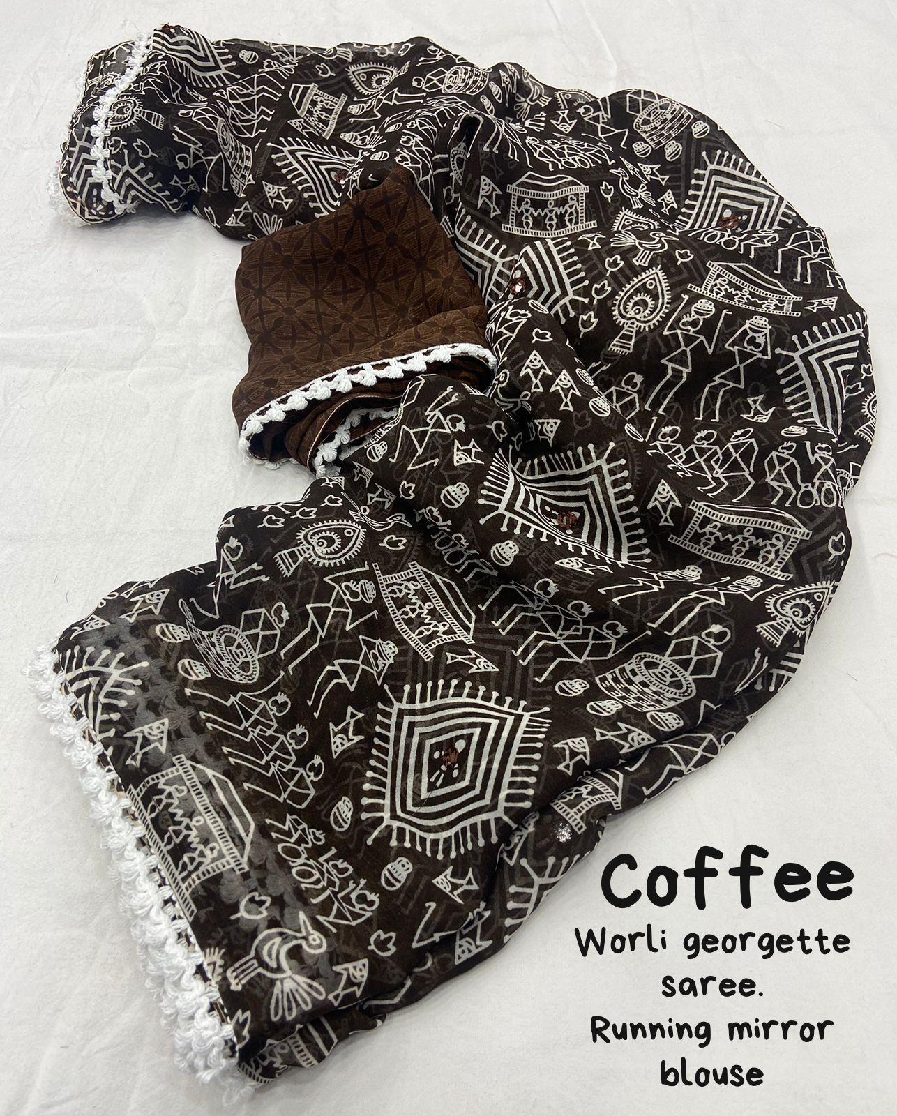 Coffee Poly Georgette Ethnic Motifs Saree with Unstitched Blouse - Hiral Fashion