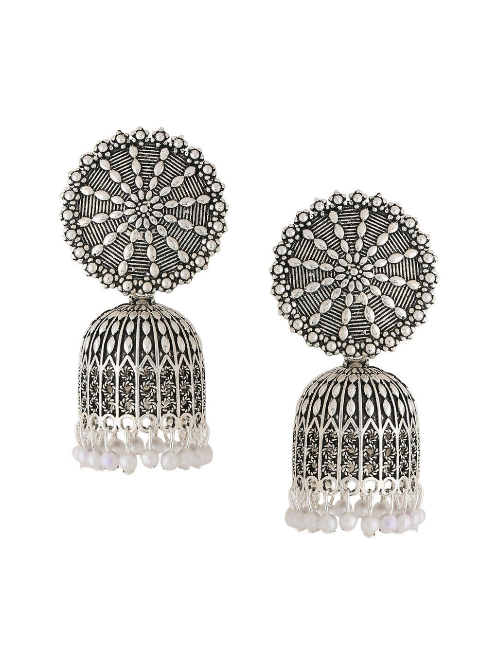 NVR Women Silver Toned Dome Shaped Jhumkas Earrings