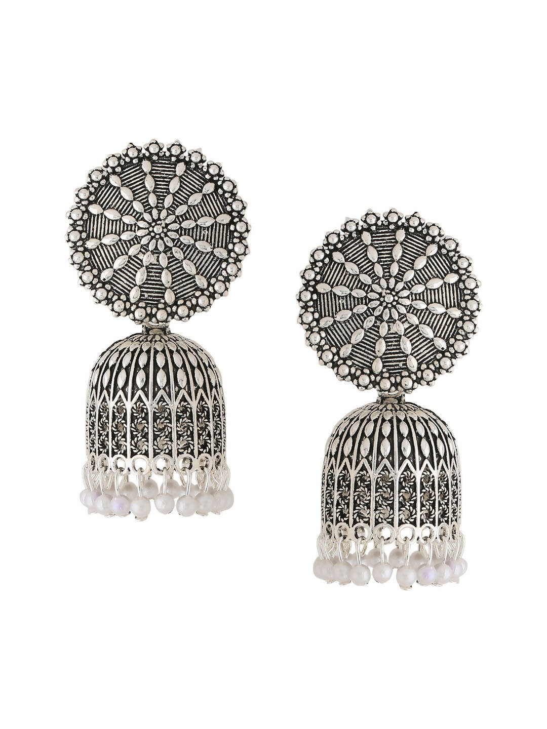 NVR Women Silver Toned Dome Shaped Jhumkas Earrings