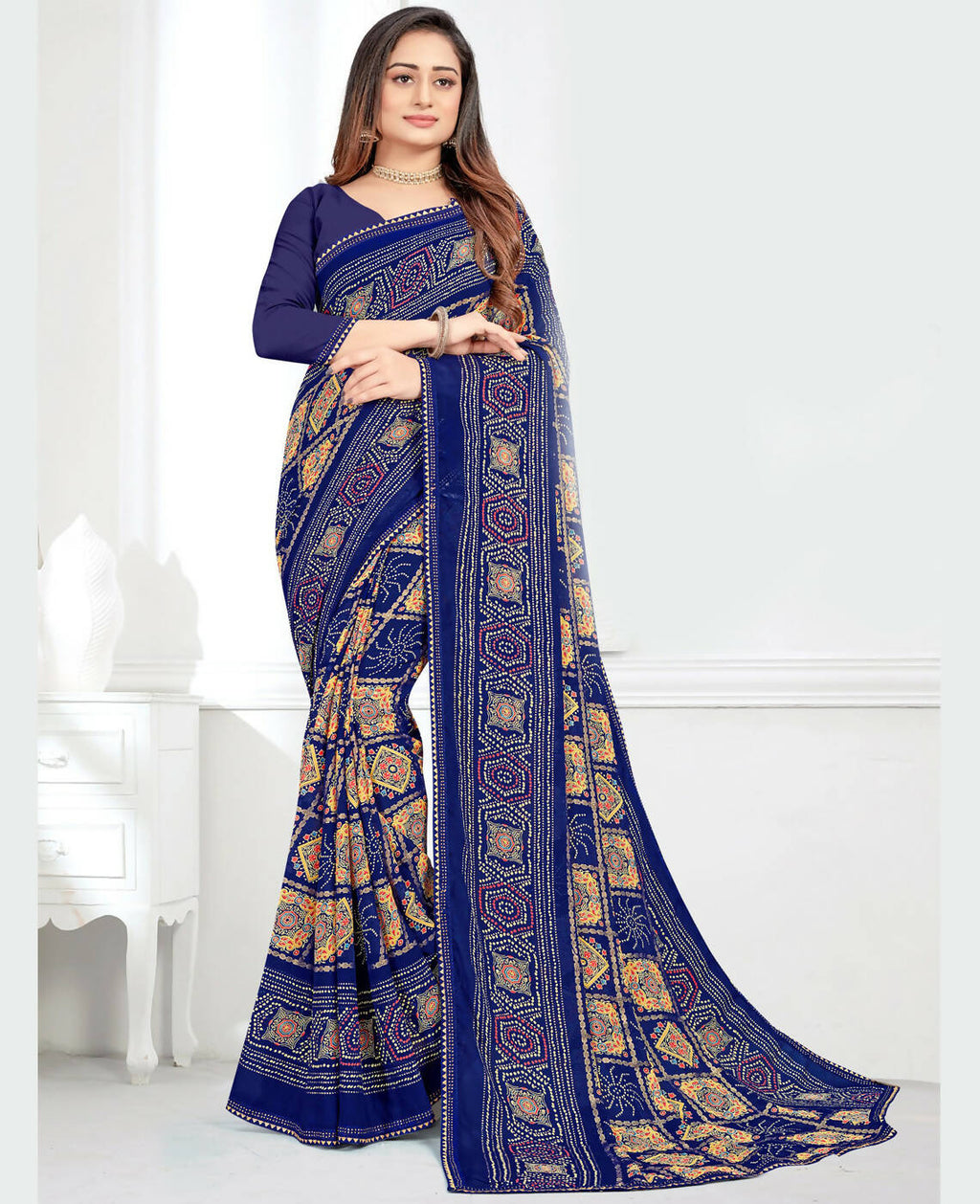 Blue Georgette Bandhani Printed Saree With Unstitched Blouse Piece - Jyoti