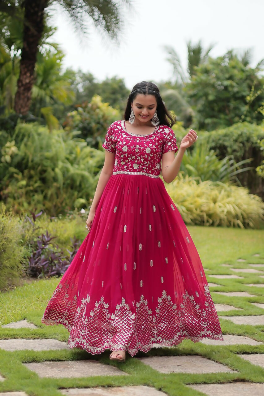 Vastranavya Premium Designer Faux Blooming with Embroidery Zari Sequins work Gown - Pink