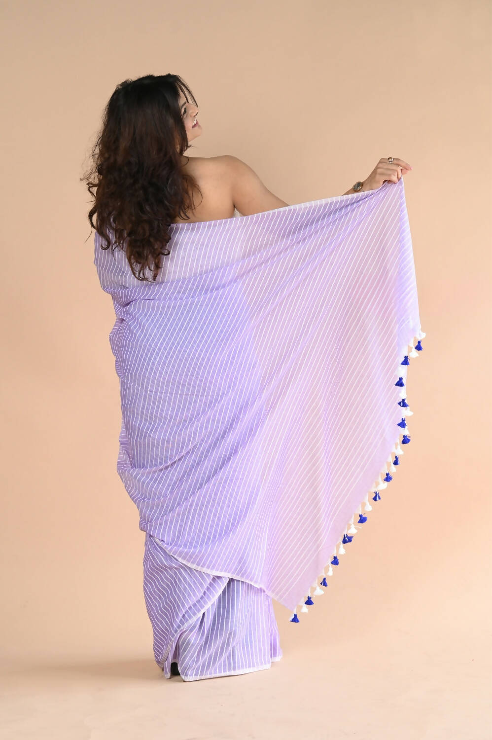 Very Much Indian Designer Pure Cotton Saree With All Over Linear Stripes - Lavender