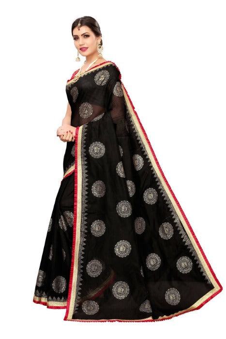 Vamika Chanderi Cotton Foil Print Black Saree (GOLDEN BIRD BLACK)