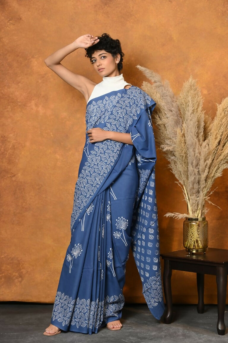 Very Much Indian Handblock Printed Cotton Saree With Natural Dyes - Cyan Blue