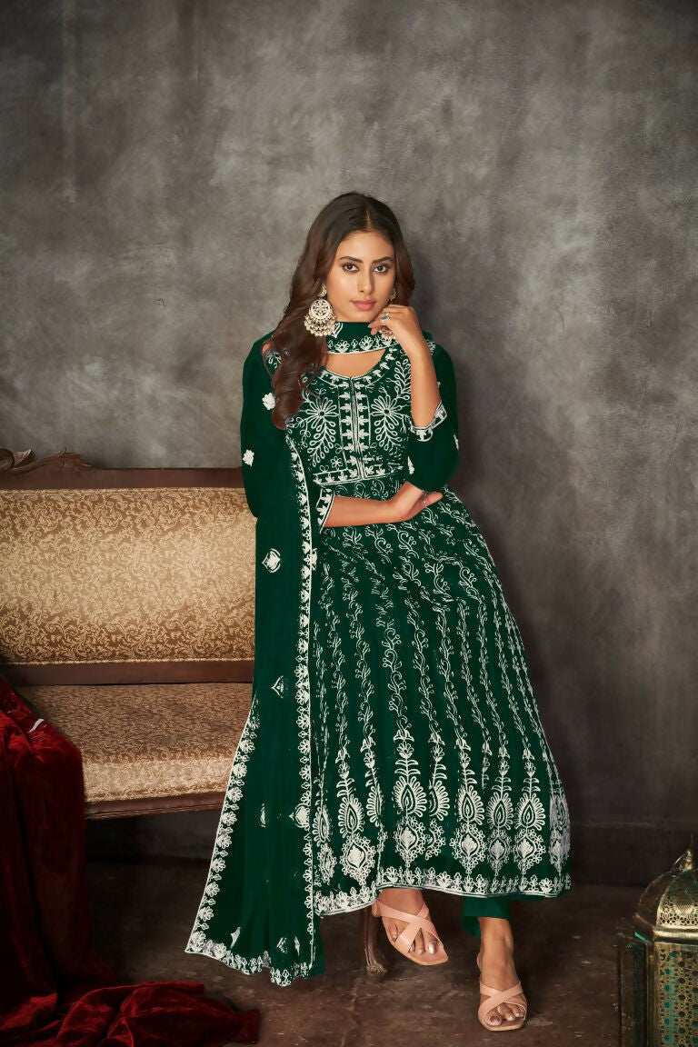 Jyoti Fashion Women's Green Net Embroidered Anarkali Kurta Pant Set With Dupatta