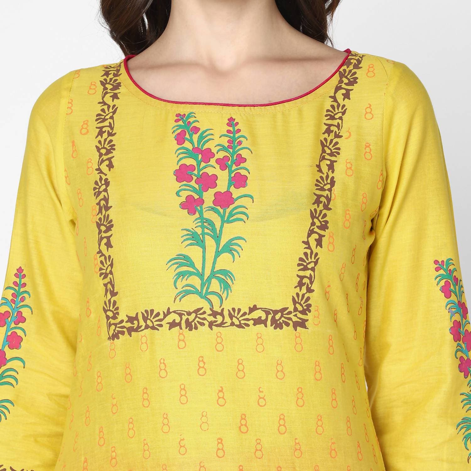 Cheera Hand Block Print Yellow & Magenta Straight Kurta With Palazzo (MAAI-084K)