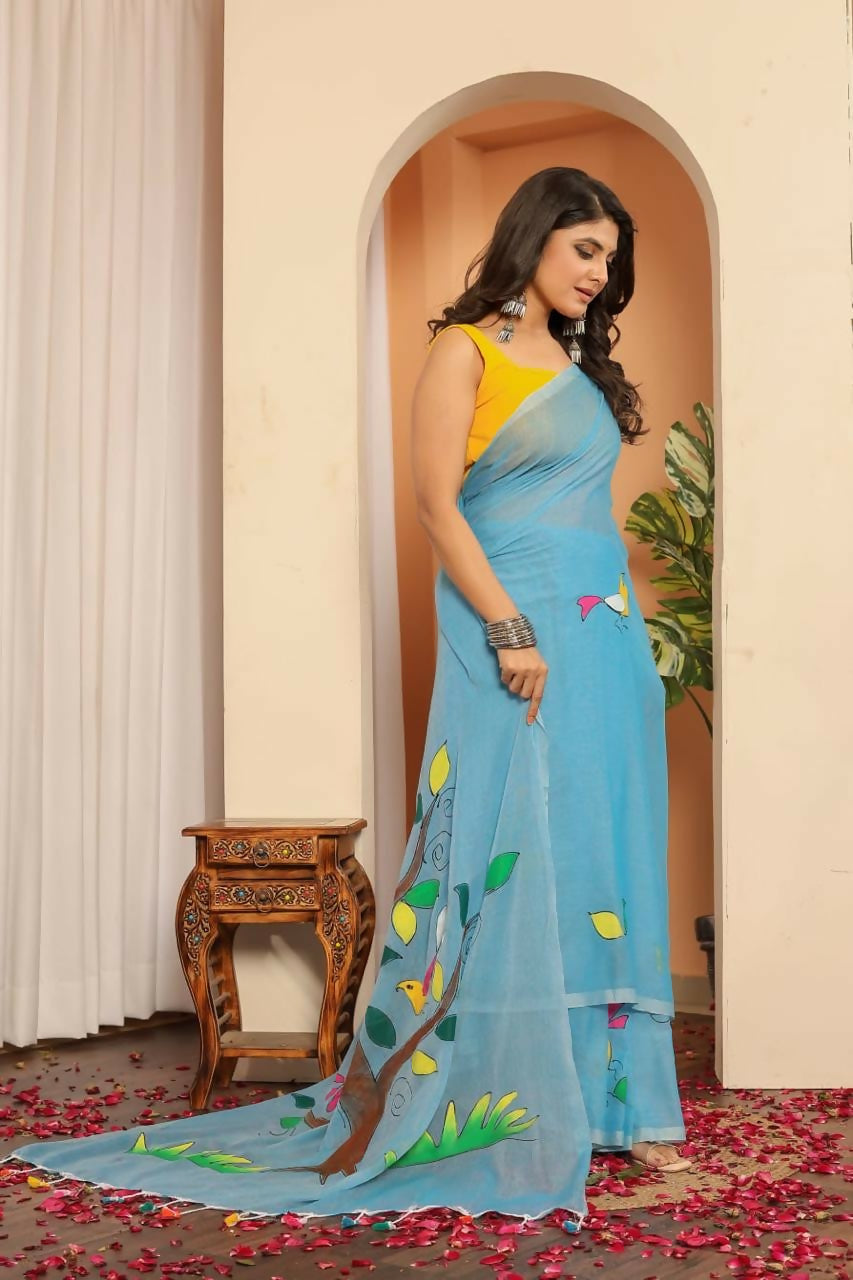 Exclusive Collection Beautiful Light Sky Pure Cotton Hand Print Handloom Saree With Running Blouse Piece
