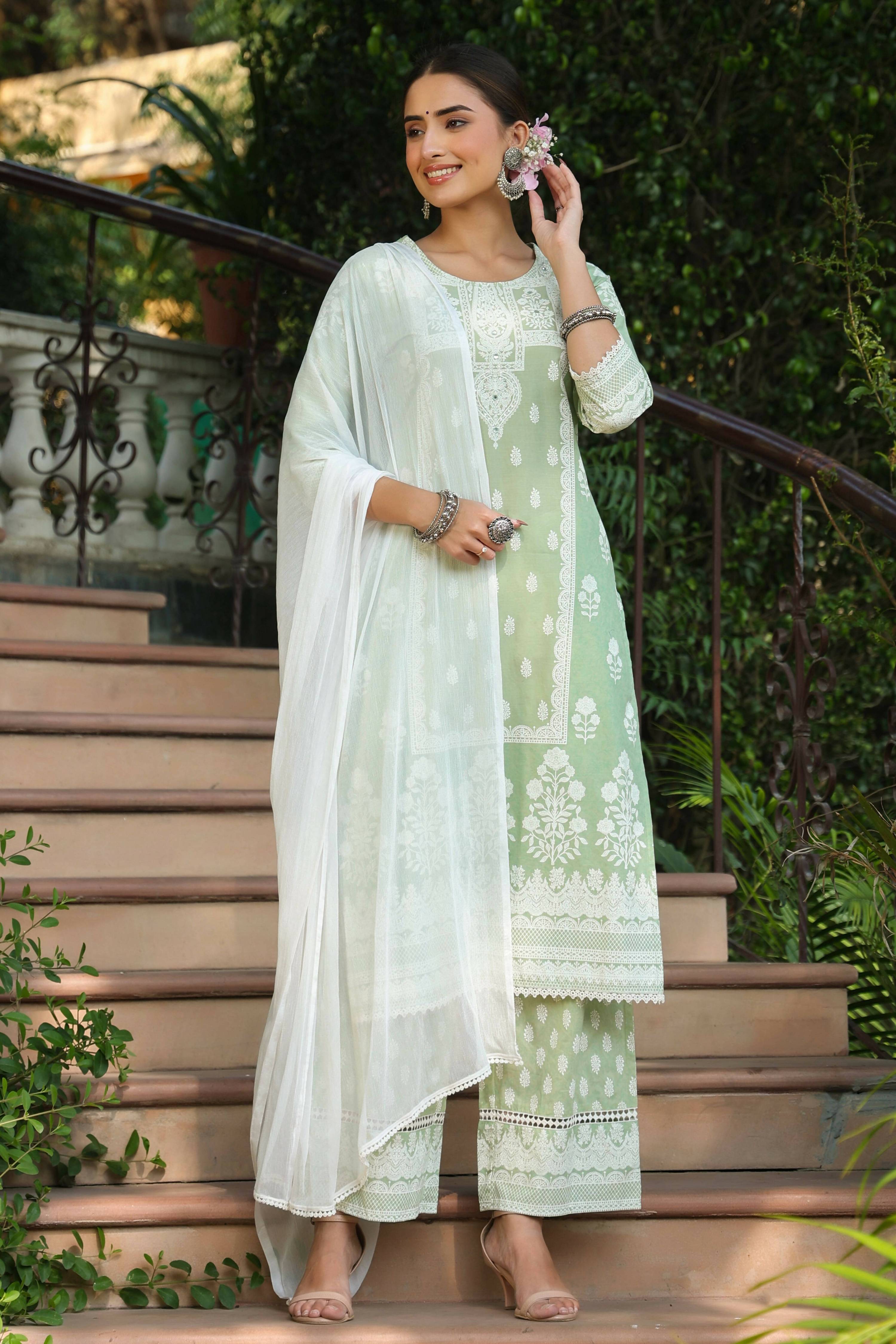 Juniper Women's Green Cambric Printed Straight Kurta Sets