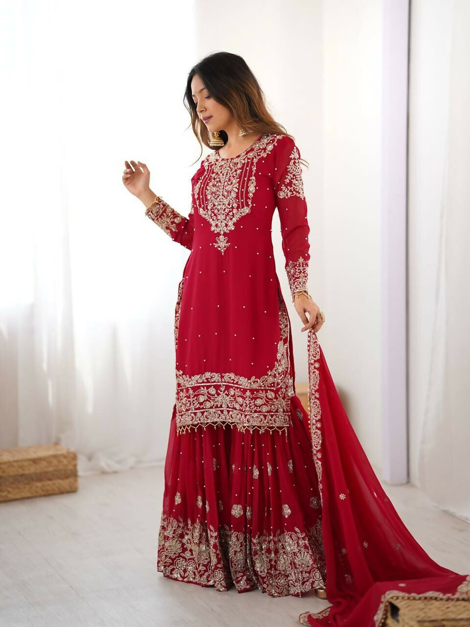 Teeya Creation Red Color Faux Georgette Embroidery Work Wedding Wear Sharara