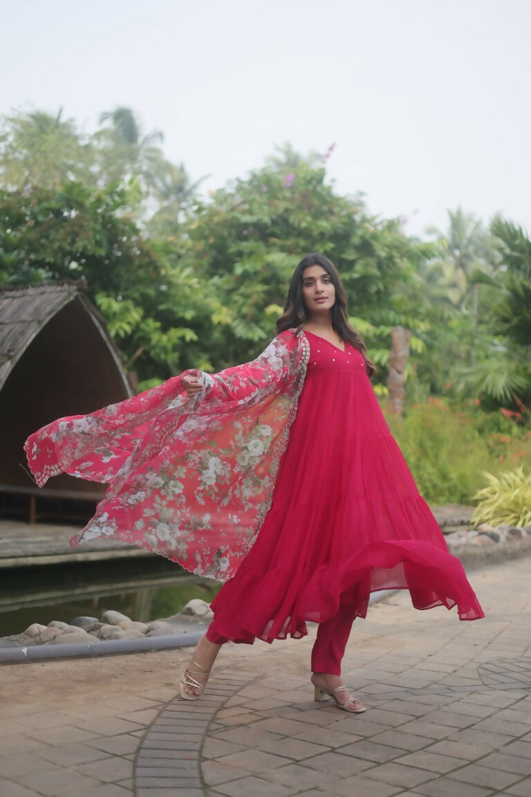 Jyoti Fashion Women's Pink Faux Blooming Butti Work Kurta with Trouser & Dupatta