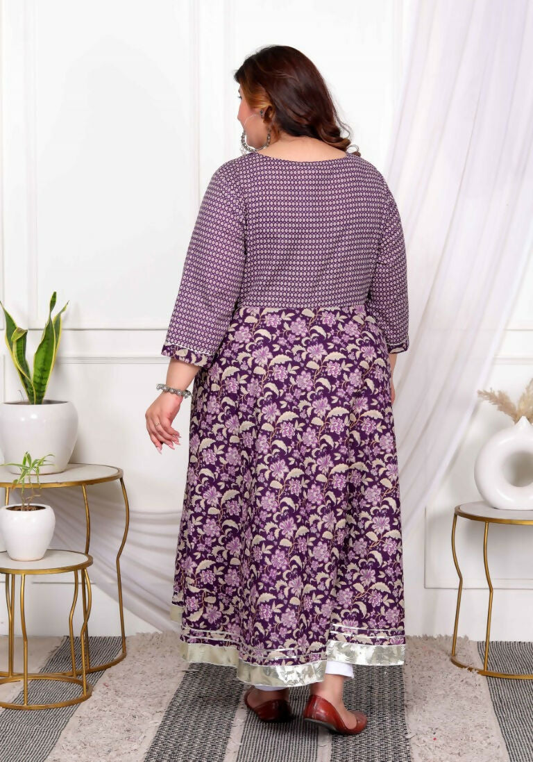 Miravan Women's Plus Size Purple cotton Floral Gota Lace Work Anarkali Kurta And Dupatta