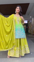 Prazu Fashion Parrot Green Chinon Silk Embroidered Sharara Suit