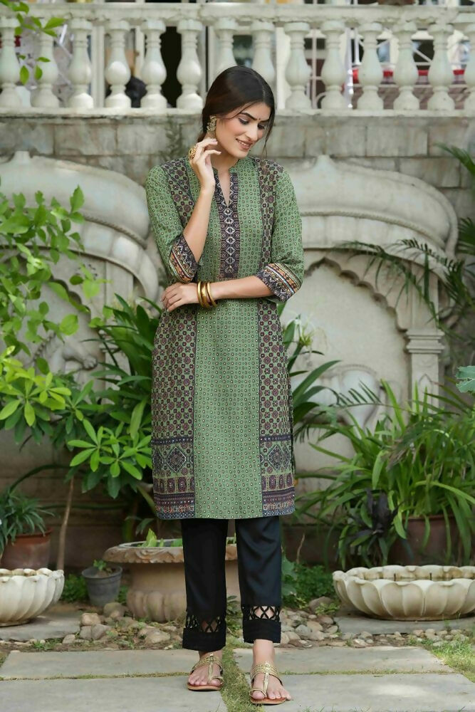 Juniper Green Ethnic Motif Printed Rayon calf length Kurta with Beads & Gota Work