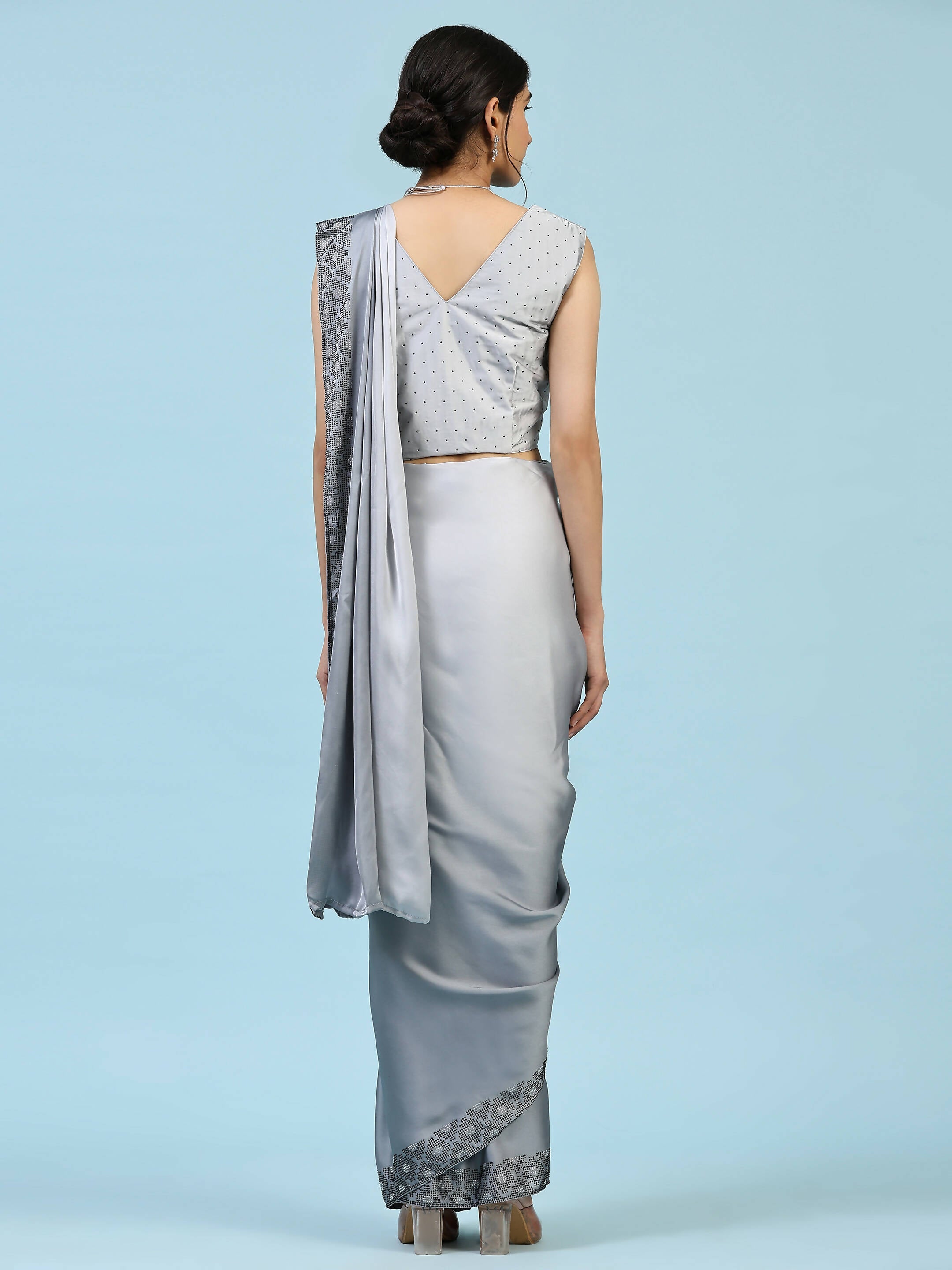 Grey Ombre Satin Georgette Plain Ready to wear Saree with stitched Blouse - Vrinda