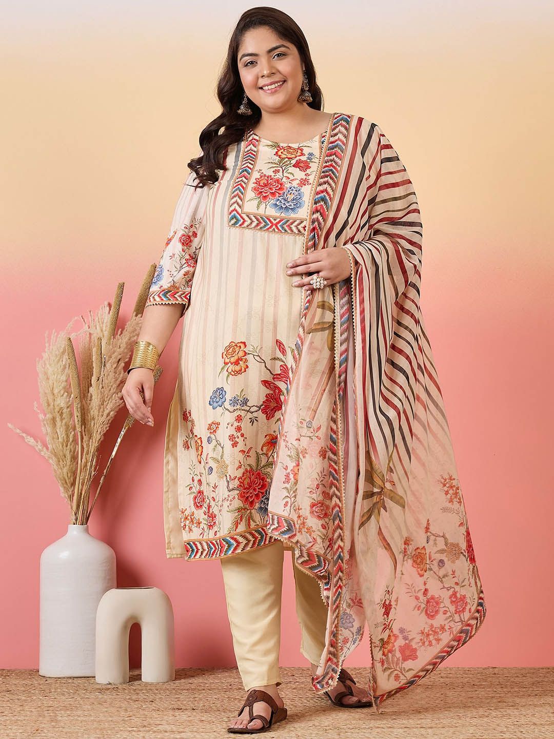 Sztori Women Floral Yoke Design Regular Kurta with Trousers & With Dupatta