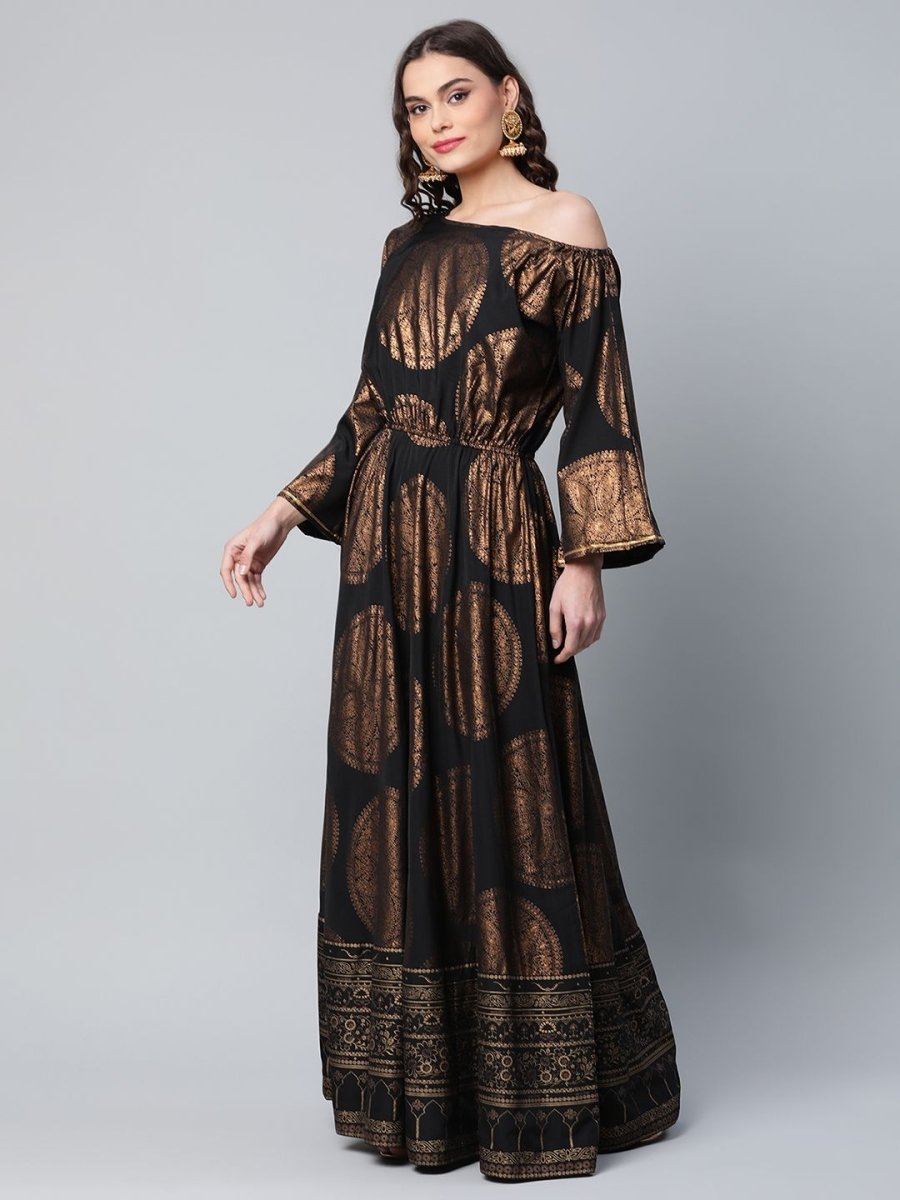 Ahalyaa Womens Black Crepe Copper Foil Printed Maxi Dress