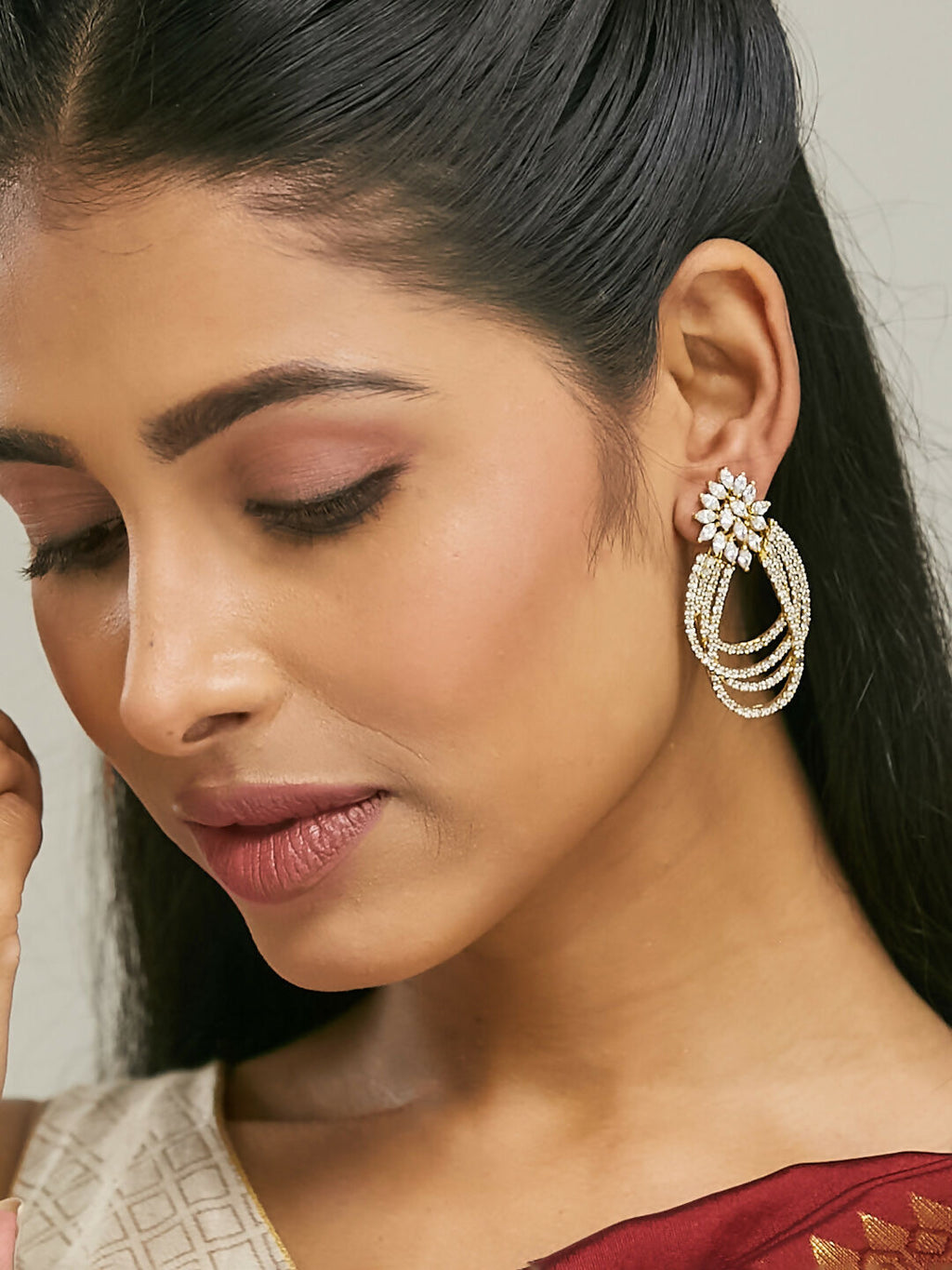 Nuyug 22K Gold-Plated Floral Motif Zircon Stone Studded Teardrop Shaped Elegant Drop Dangler Earrings