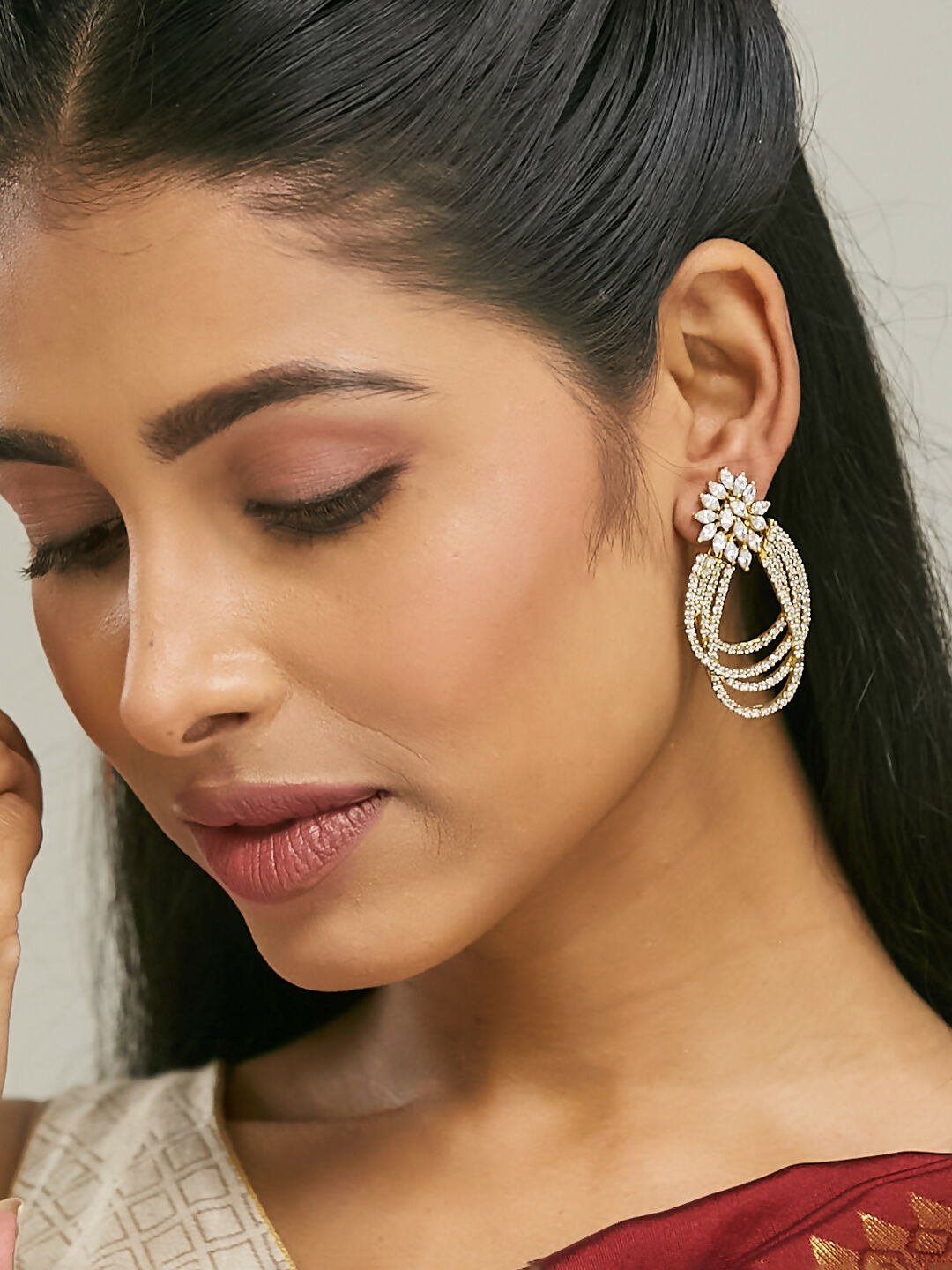 Nuyug 22K Gold-Plated Floral Motif Zircon Stone Studded Teardrop Shaped Elegant Drop Dangler Earrings