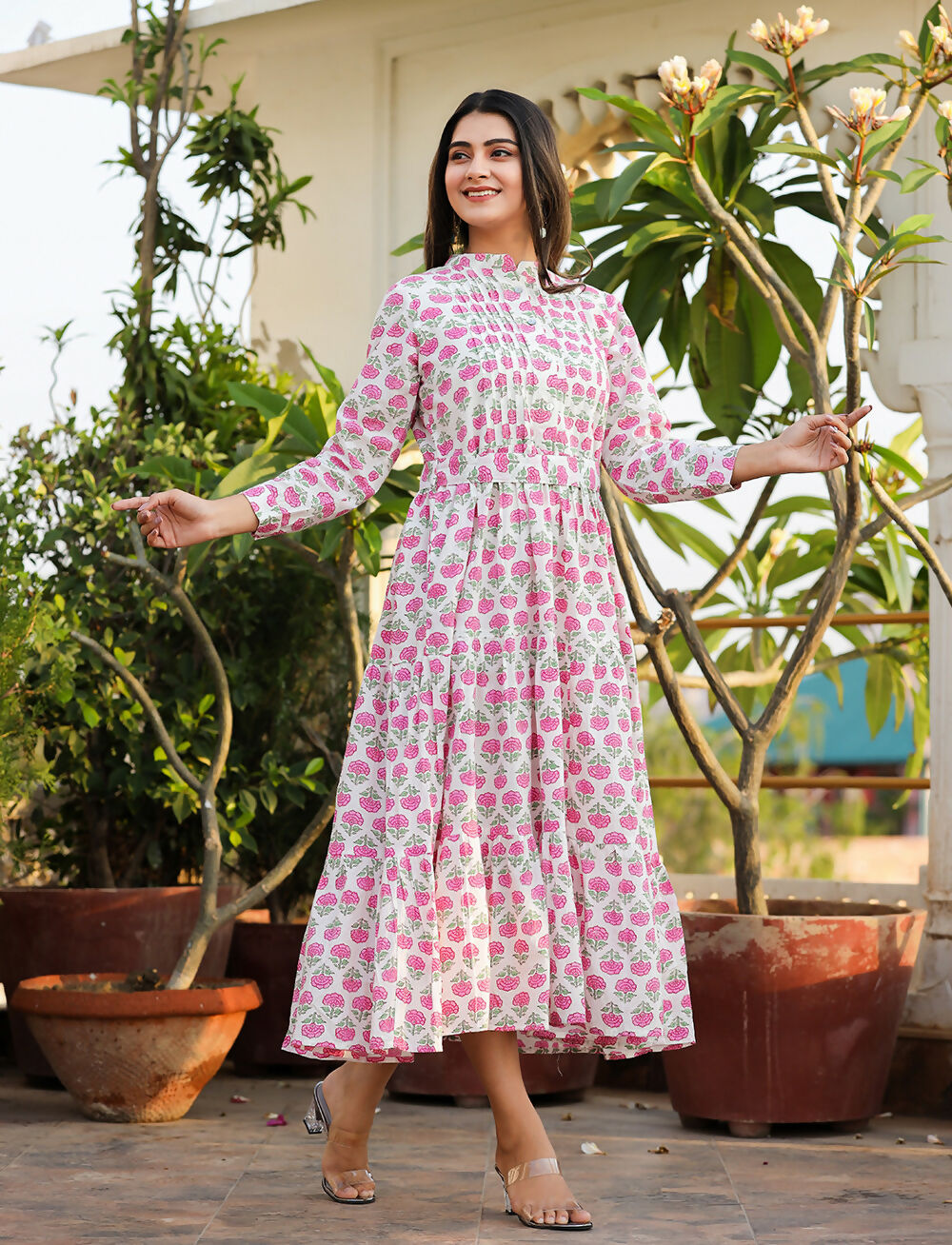 Kaajh Women's Pink Floral Print Cotton Handblock Dress