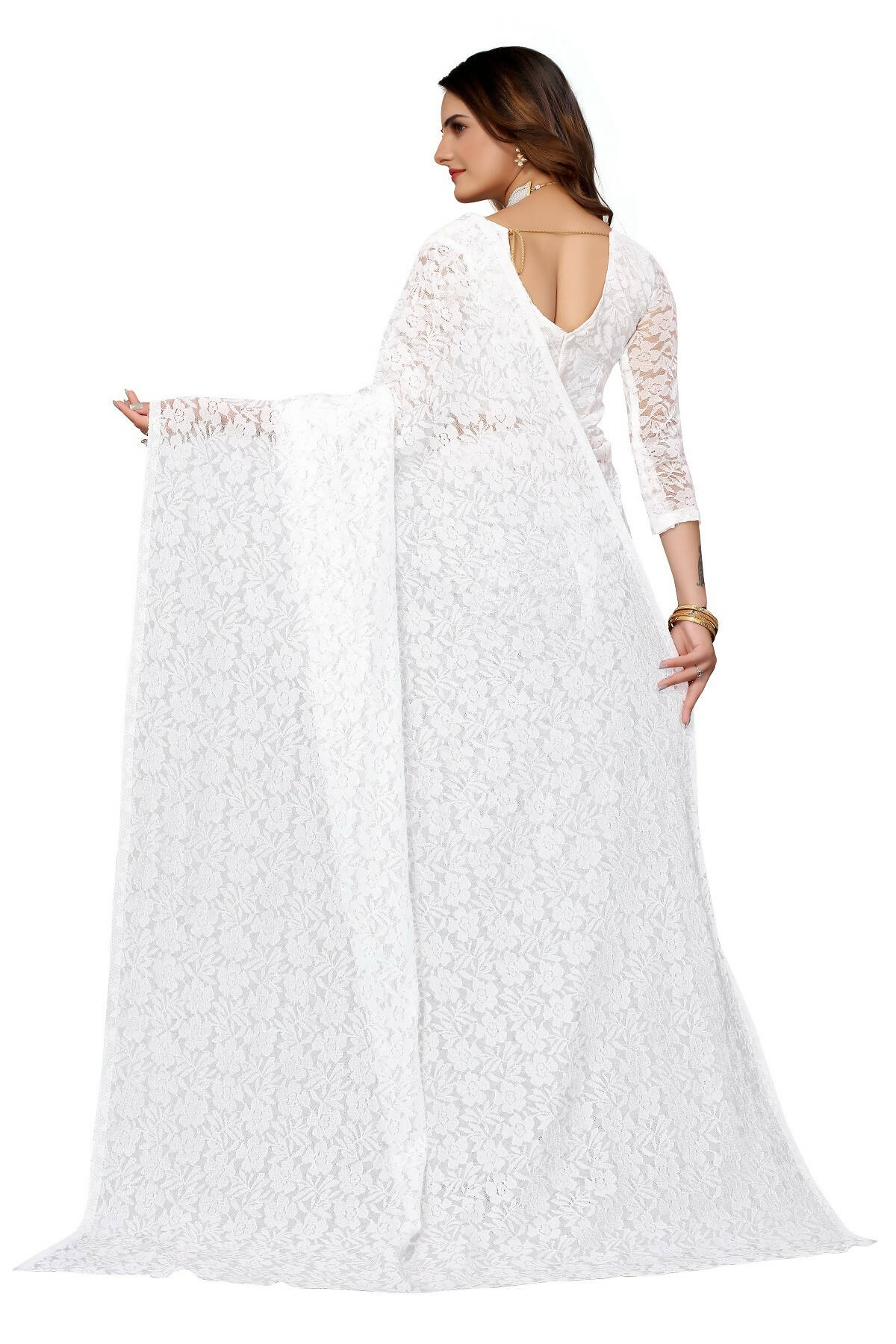 Vamika White Pearls Net Saree
