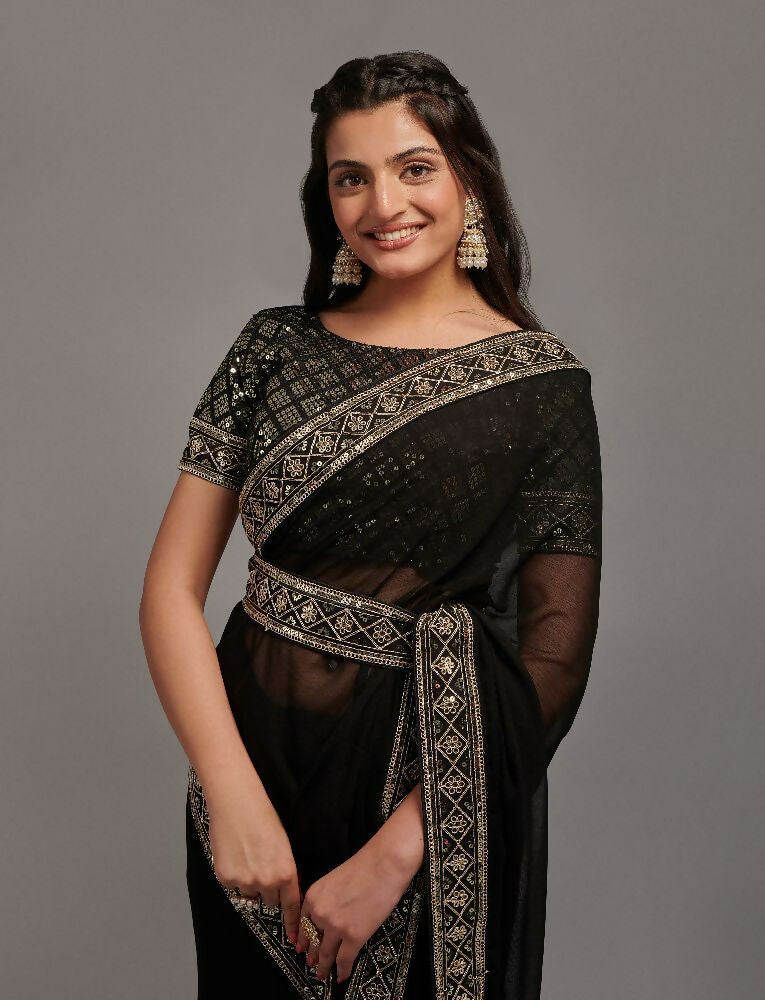 PR Fashion Black Zometo Embroidery Lace Saree