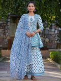 Juniper Women's Blue Cotton Cambric Floral Placement Printed Anarkali Kurta Sharara & Dupatta Set