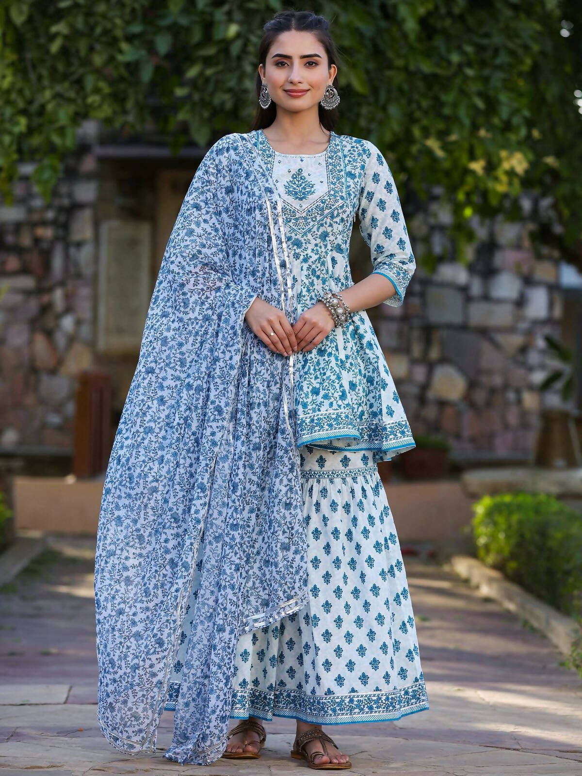 Juniper Women's Blue Cotton Cambric Floral Placement Printed Anarkali Kurta Sharara & Dupatta Set