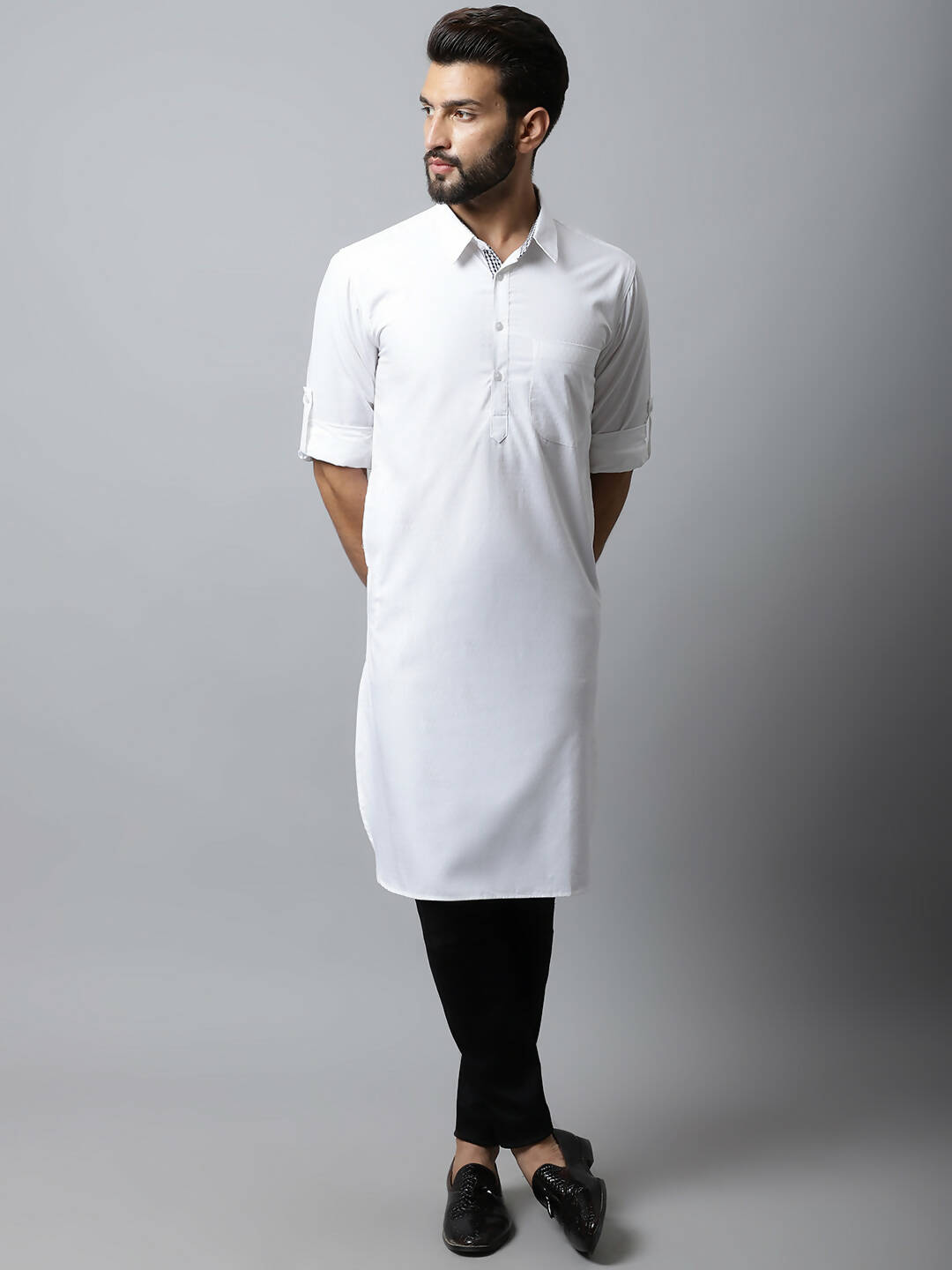 Even Apparels White Color Pure Cotton Solid Men's Kurta With Shirt Collar (SLD1203)