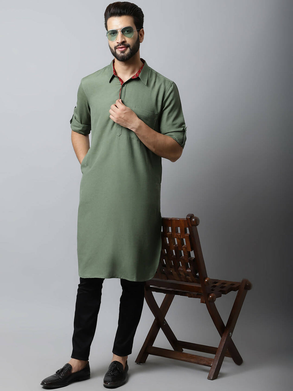 Even Apparels Green Color Linen Solid Men's Kurta With Shirt Collar (LN944)