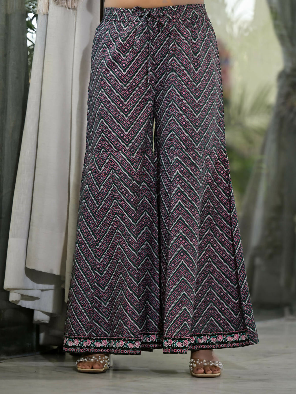 Juniper Women's Green Floral Printed Georgette Kurta Sharara & Dupatta Set With Sequins