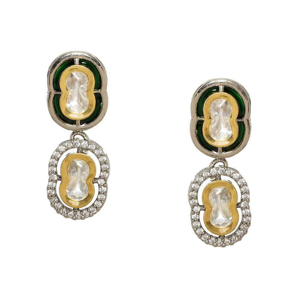 Double Mufli (peanut) Meenakari and Diamond Earrings (Silver) - Ruby Raang