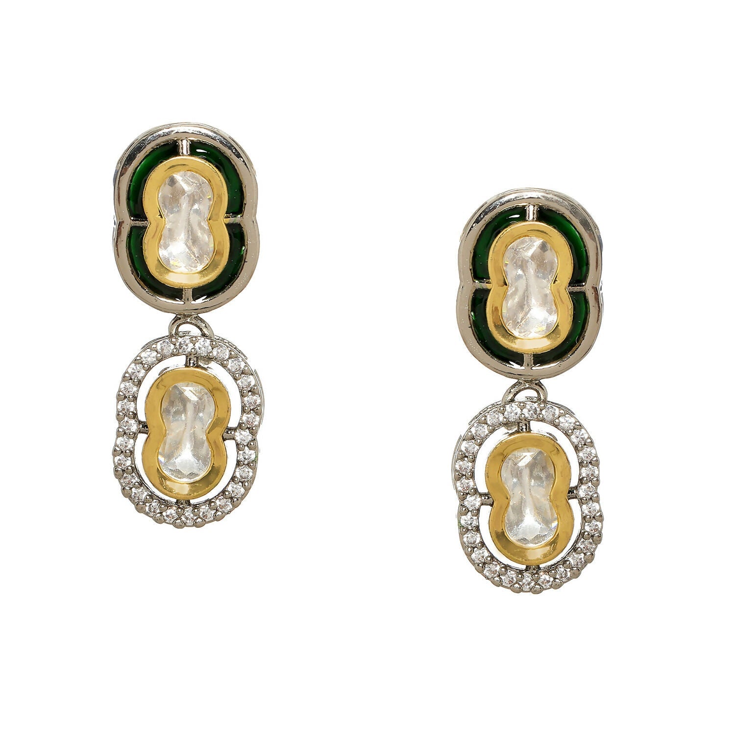 Double Mufli (peanut) Meenakari and Diamond Earrings (Silver) - Ruby Raang