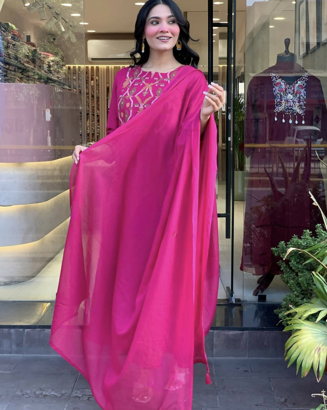 The52 Pink Women's Gorgeous Chanderi Fabric Embroidered Work Straight Kurta Pant and Dupatta Set