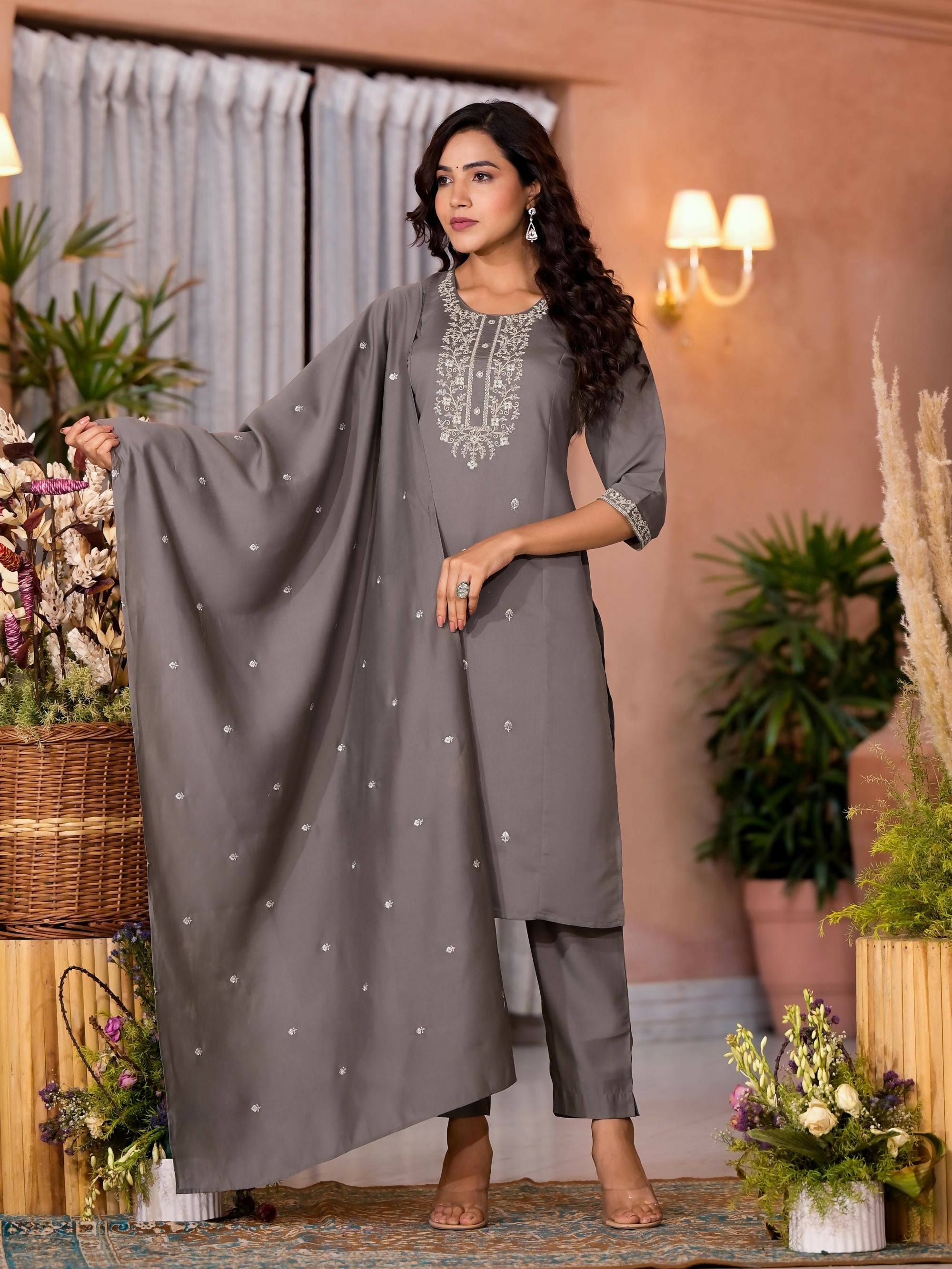 Juniper Women's Dark Grey Zari Embroidered Viscose Kurta Pant And Dupatta Set