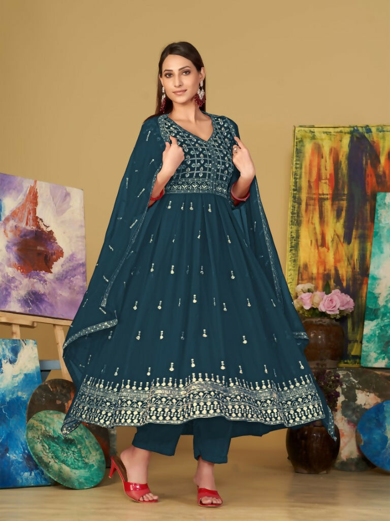 Jyoti Fashion Women's Rama Georgette Embroidered Anarkali Kurta Pant Set With Dupatta