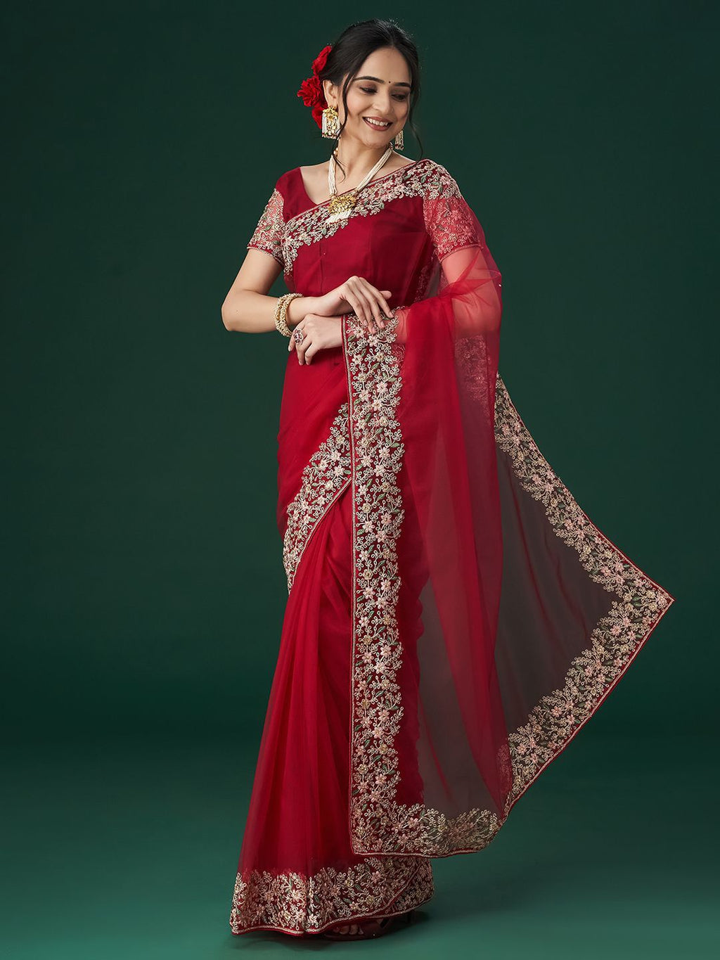 kasee Women's Aari Work Embroidered Net Sarees