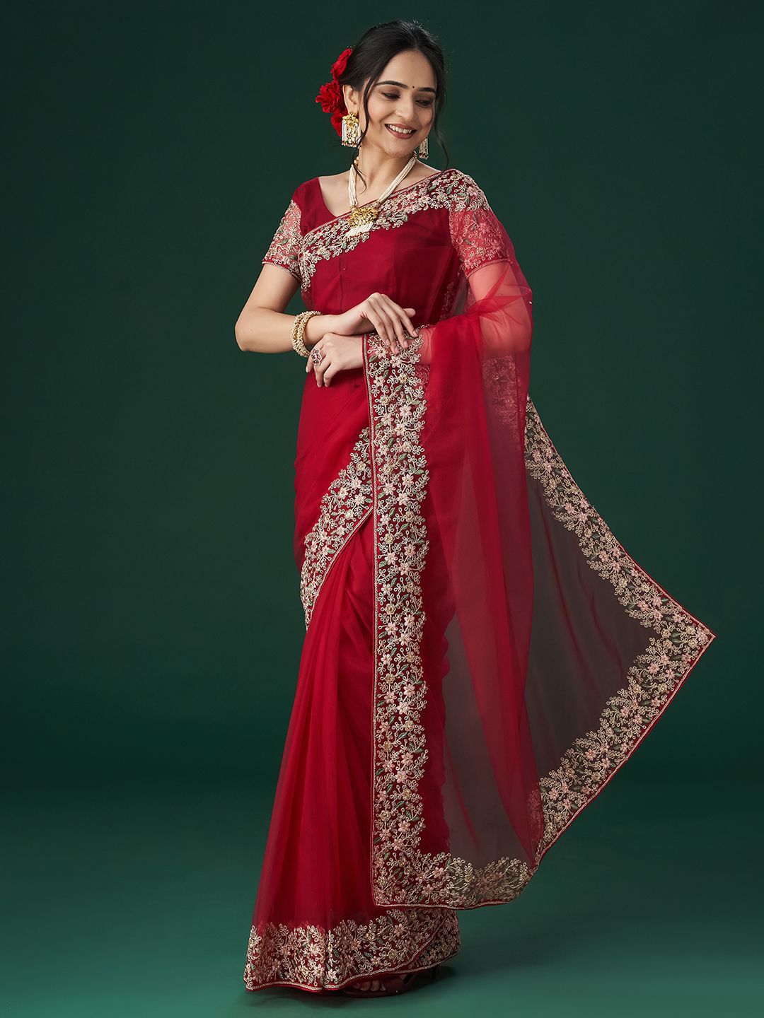 kasee Women's Aari Work Embroidered Net Sarees
